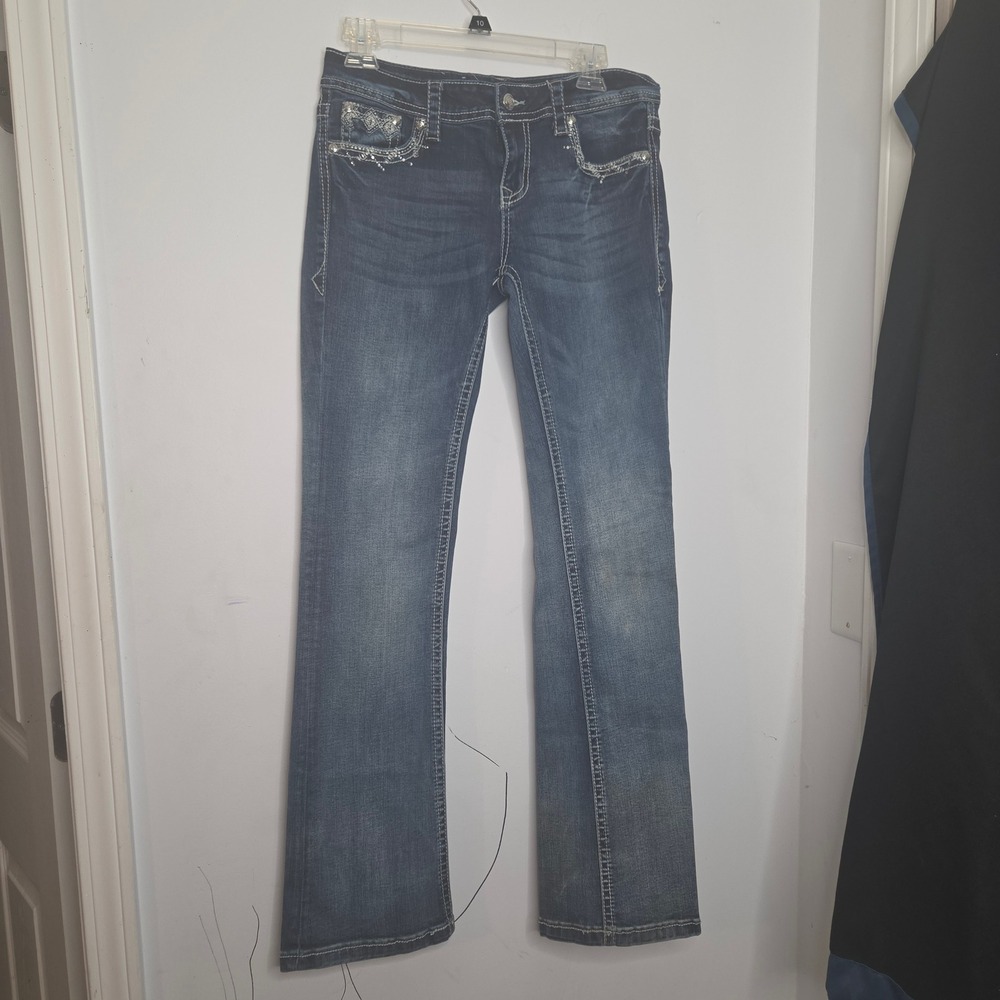 Grace in LA Womens Bootcut Jeans Dark Wash Embroidered Sequin Pockets Size 28
